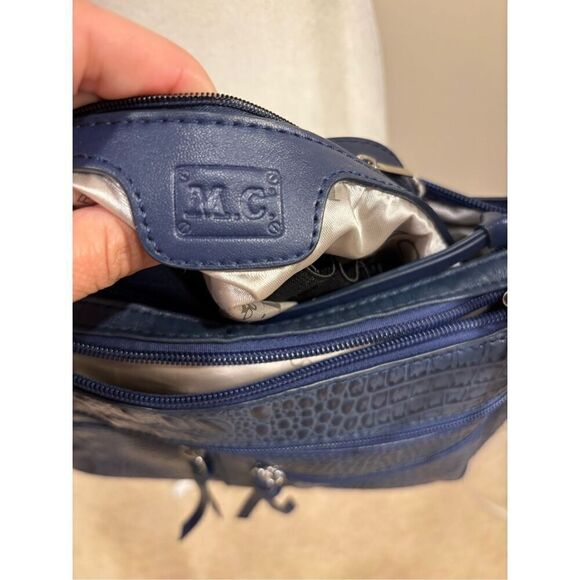 MC Women's Faux Leather Croc Embossed Shoulder Crossbody Bag Navy Blue - Picture 3 of 6